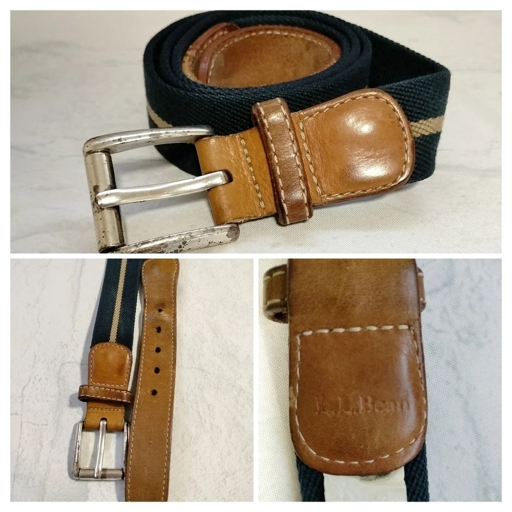 VINTAGE LL BEAN CANVAS LEATHER BELT ( MENS Sz 38) NAVY KHAKI STRIPED